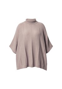 Przesadny sweter z golfem w miękkim różowym przędzy, z prążkowanym kołnierzem i szerokimi krótkimi rękawami z pionowymi przeszyciami.