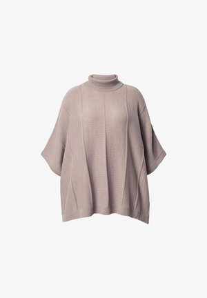 Oversized turtleneck sweater in soft pink knit, featuring ribbed collar and wide short sleeves with vertical seam detailing.