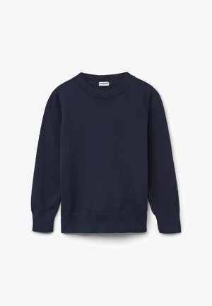 Navyblauer Strickpullover mit einem gerippten Rundhalsausschnitt und Bündchen. Weiche Textur, lange Ärmel und gerader Saum. Leichtes Design.