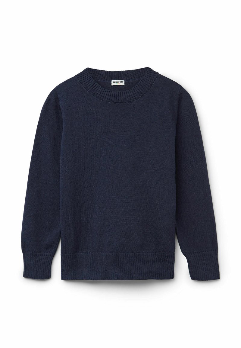 Námořnická modrá pletená svetr s žebrovaným kulatým výstřihem a manžetami. Měkčená textura, dlouhé rukávy a rovný lem. Lehký design.