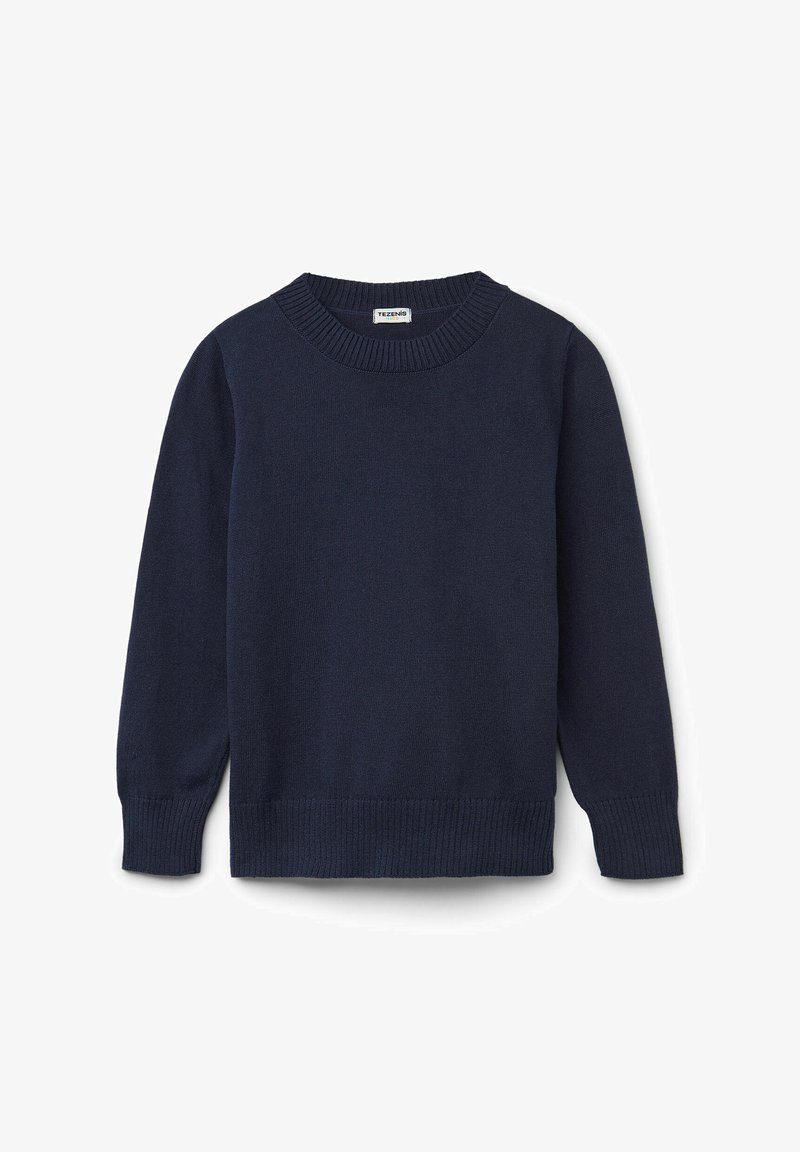 Námořnická modrá pletená svetr s žebrovaným kulatým výstřihem a manžetami. Měkčená textura, dlouhé rukávy a rovný lem. Lehký design.