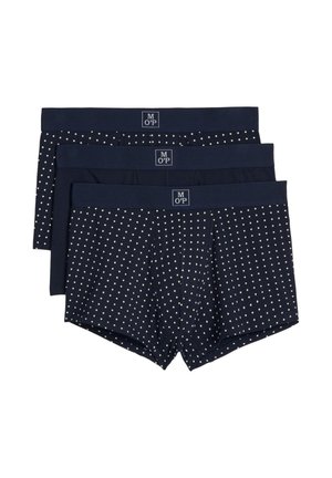 Trzy męskie bokserki w kolorze granatowym, dwie z małymi białymi wzorami diamentów i jedna gładka, każda z markowym paskiem w talii.
