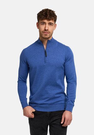 Junger Mann mit kurzen lockigen Haaren, der einen blauen Reißverschluss-Pullover und schwarze Hosen trägt, steht vor einem schlichten hellen Hintergrund.
