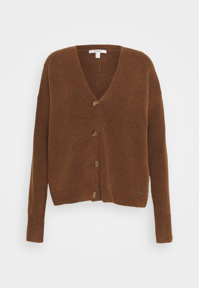 Cardigan marron à col en V avec manches longues et quatre boutons sur le devant, en tissu tricoté doux.