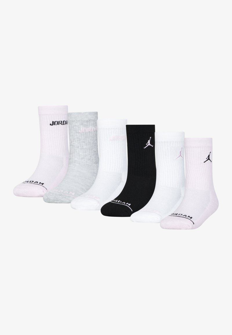 Six paires de chaussettes : rose, gris, noir et blanc. Texture côtelée avec des logos contrastés. Hauteur cheville avec pointe et talon renforcés.