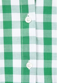 Grünes und weißes karierter Hemd mit Knopfverschluss, aus einem Stoff mit glatter Textur und kontrastierenden Mustern in Quadraten.
