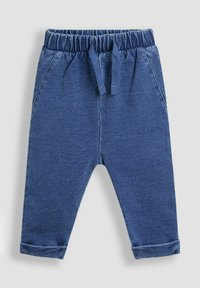 Denim joggerice u srednje plavoj nijansi s elastičnim pojasom, podesivom vezicom i bočnim dzepovima. Smanjeni rubovi za opušteni izgled.