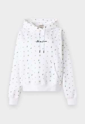 Valge kapuutsiga dressipluus, millel on väike kollane ja roheline lillimuster, esitasku, nöörid ja rinnal tikitud "Guess Jeans" tekst.