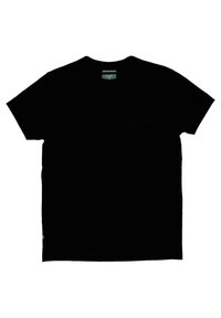 Schwarzes Baumwoll-T-Shirt mit rundem Ausschnitt und kurzen Ärmeln. Schlichte Gestaltung, ohne Muster oder Akzente. Normale Passform und weiche Textur.