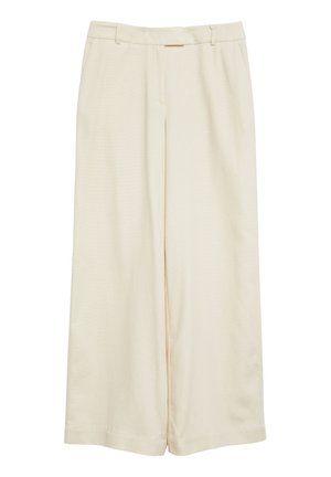 Cream-colored wide-leg trousers with belt loops and a front zipper closure, displayed against a white background.