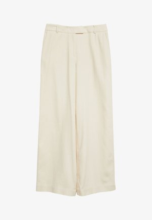 Kremowe spodnie o szerokich nogawkach z szlufkami na pasek i zamkiem błyskawicznym z przodu, przedstawione na białym tle.