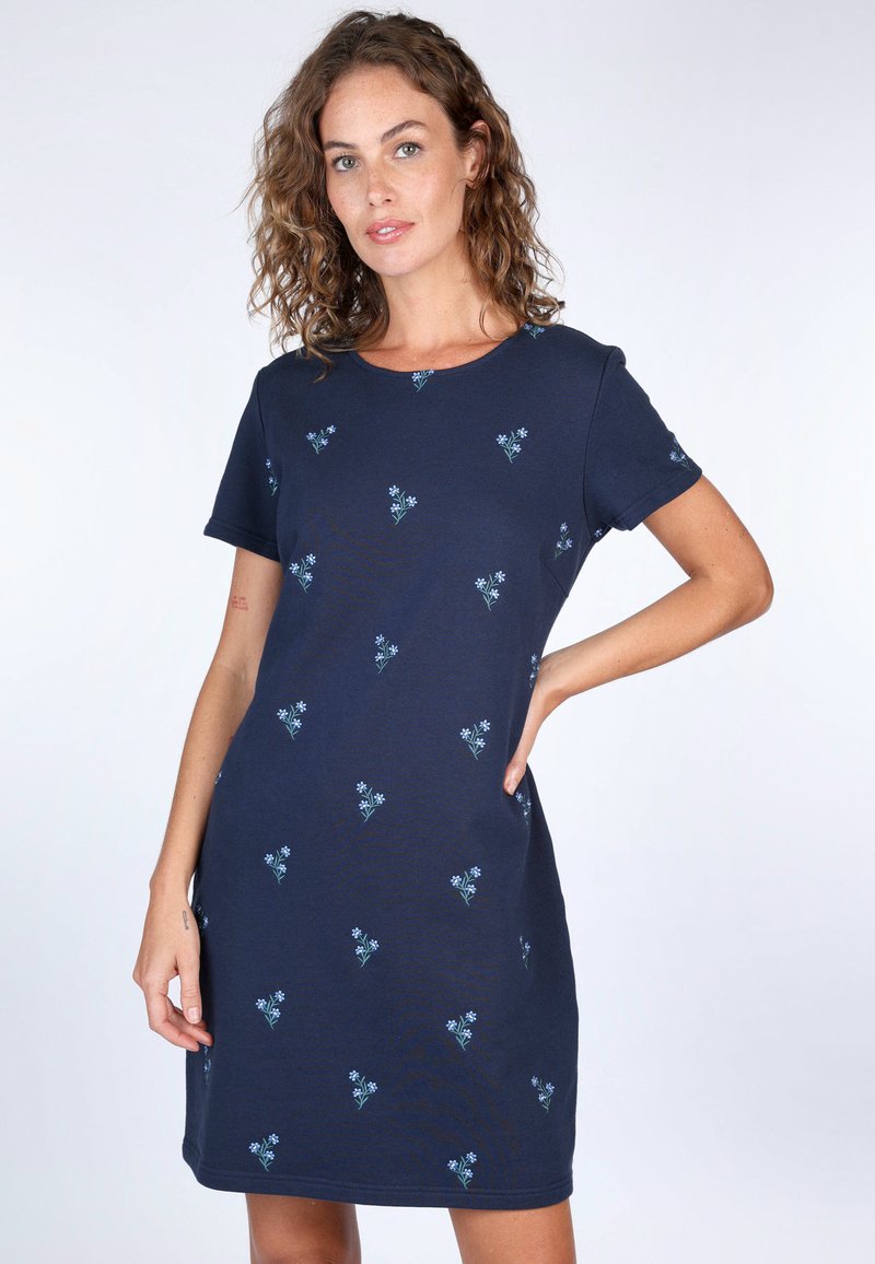 Navyblaues Kurzarmkleid mit floraler Stickerei, runder Halslinie und leicht A-Linien-Form. Hergestellt aus weichem Baumwollmaterial.