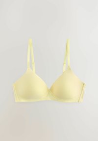 Reggiseno triangolare giallo con spalline regolabili, coppe senza cuciture e tessuto morbido. Progettato per il comfort con supporto leggermente imbottito.