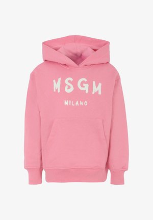 Różowa bluzka z kapturem, z przednią kieszenią i białym napisem "MSGM MILANO" wydrukowanym na klatce piersiowej w grubym, pędzlem malowanym stylu.