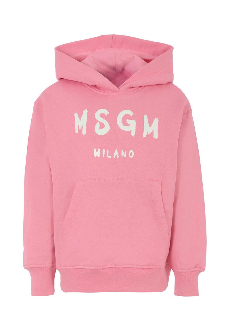Felpa con cappuccio rosa, con tasca frontale e testo bianco "MSGM MILANO" stampato sul petto in grassetto, in stile pennellata.