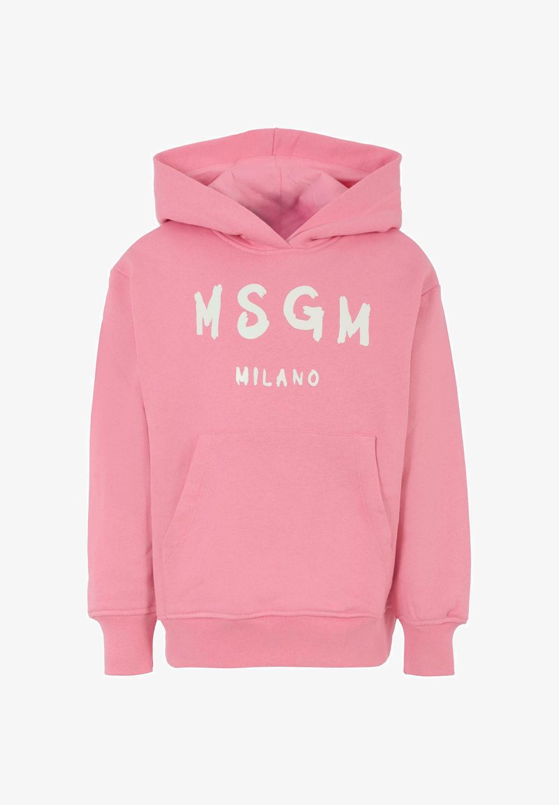 Felpa con cappuccio rosa, con tasca frontale e testo bianco "MSGM MILANO" stampato sul petto in grassetto, in stile pennellata.