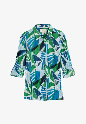 Chemise à manches courtes en tissu froissé, présentant un motif de feuilles bleues, vertes et noires sur un fond blanc.