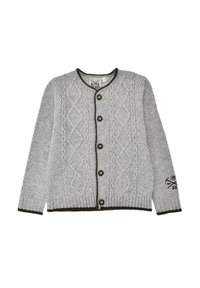 Gray knitted button-up cardigan with diamond and textured patterns, dark trim, and embroidered logo on left sleeve cuff.