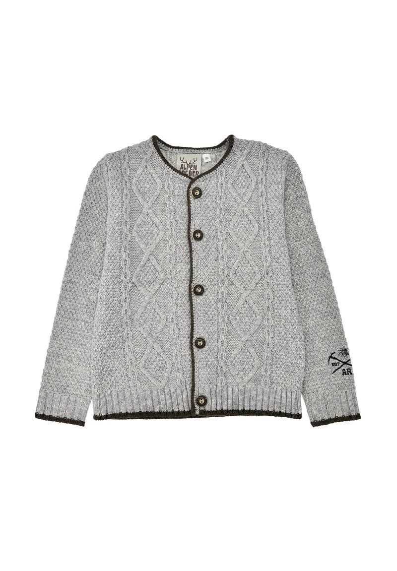 Gray knitted button-up cardigan with diamond and textured patterns, dark trim, and embroidered logo on left sleeve cuff.