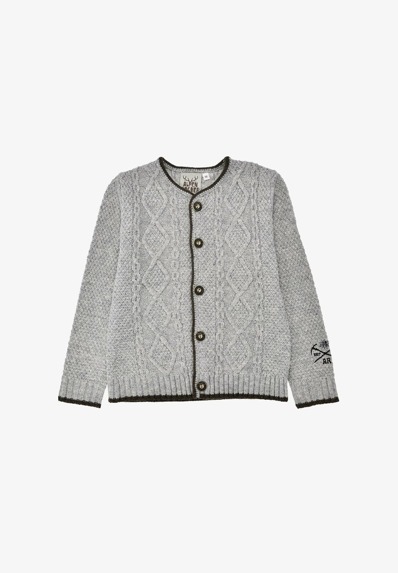 Gray knitted button-up cardigan with diamond and textured patterns, dark trim, and embroidered logo on left sleeve cuff.