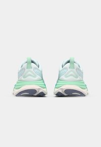 Sport shoes with a light blue upper, mint green accents, textured mesh, rounded toe, and a thick white sole with navy blue details.