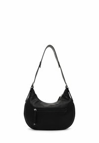 Black leather shoulder bag with a semi-circular shape, textured surface, adjustable strap, and a front zip pocket. Silver hardware accents.