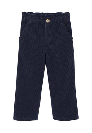 Navyblaue Cord-Hosen mit elastischem Bund, Knopfverschluss, schrägen Seitentaschen und weit geschnittenen geraden Beinen.