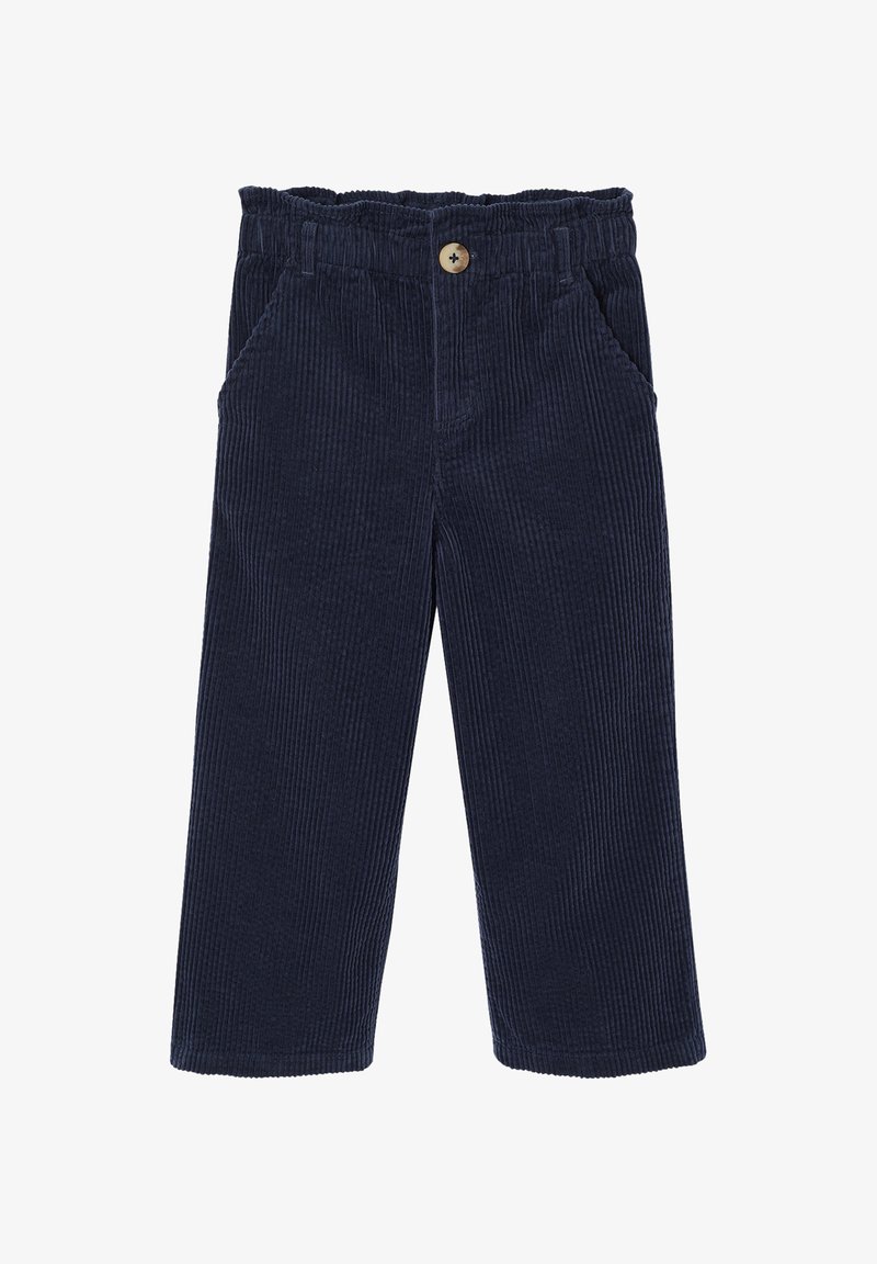 Navy blue corduroy pants with elastic waistband, button closure, slanted side pockets, and wide straight legs.