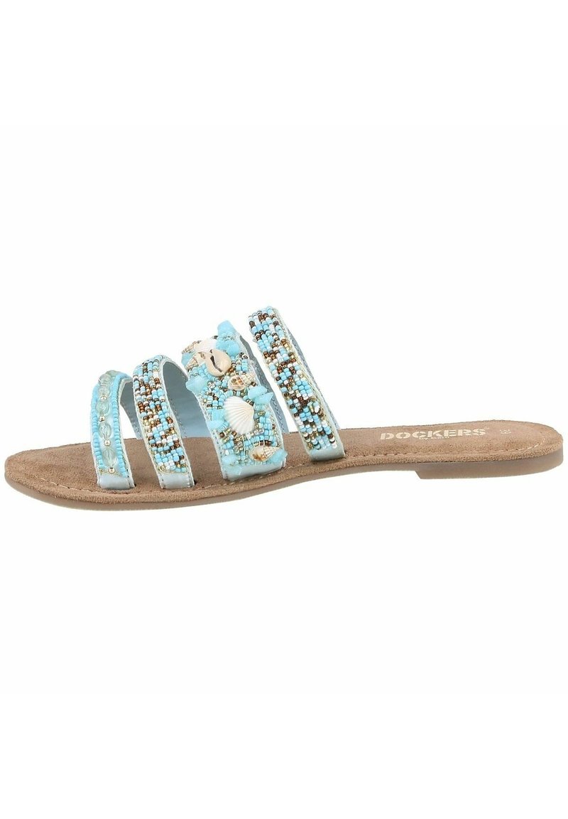Lichtblauwe slipper sandalen met drie kraalbanden, voorzien van schelpenaccenten en een zacht bruine suède voetbed, ontworpen voor comfort.