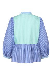 Gestreiftes Hemd mit einem blau-weißen Streifenmuster und einem mintgrünen Rückenteil. Puffärmel und geraffte Taille für eine lockere Passform.