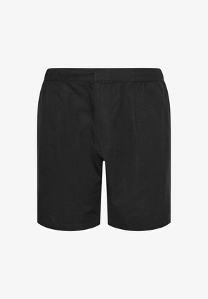 Black men's elastic waist shorts with a relaxed fit and plain design, displayed on a white background.