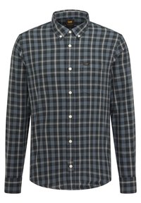 Camicia a quadri con bottone in tonalità blu e nera, tessuto di cotone, maniche lunghe, bottoni bianchi, dotata di una tasca sul petto con logo.