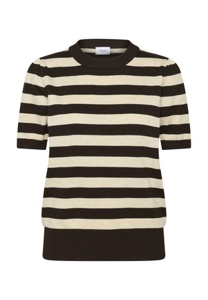 Beežide ja tumepruunide triipudega lühikeste varrukatega kootud top. Omadused hõlmavad soonikutega ümarat kaelust ja veidi paistetavaid õlgu. Pehme tekstuur.