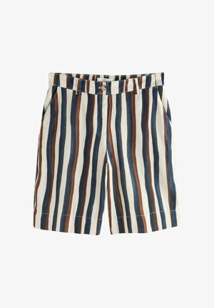 Shorts mit hohem Bund und vertikalen Streifen in Marineblau, Braun und Weiß, ausgestattet mit Gürtelschlaufen, Seitentaschen und einem vorderen Knopfverschluss.
