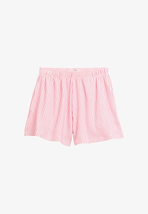 Rosa- und weiß gestreifte Baumwollshorts mit einem elastischen Bund, die mit gerafftem Stoff versehen sind und eine lockere Passform bieten.