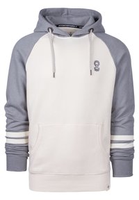 Hoodie mit einer cremefarbenen Vorderseite und grauen Raglanärmeln, ausgestattet mit einer Fronttasche und gestreiften Akzenten an den Bündchen. Mit Kordelzug-Kapuze.
