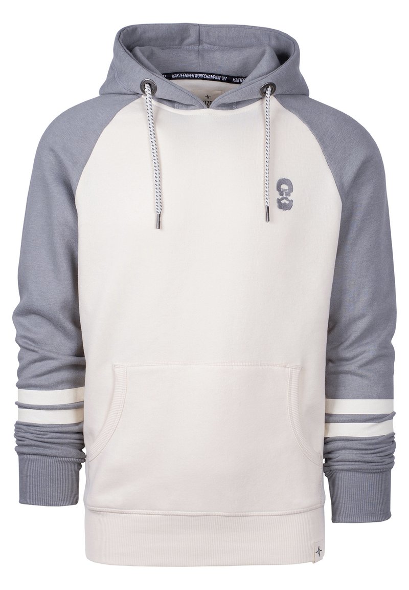 Hoodie mit einer cremefarbenen Vorderseite und grauen Raglanärmeln, ausgestattet mit einer Fronttasche und gestreiften Akzenten an den Bündchen. Mit Kordelzug-Kapuze.