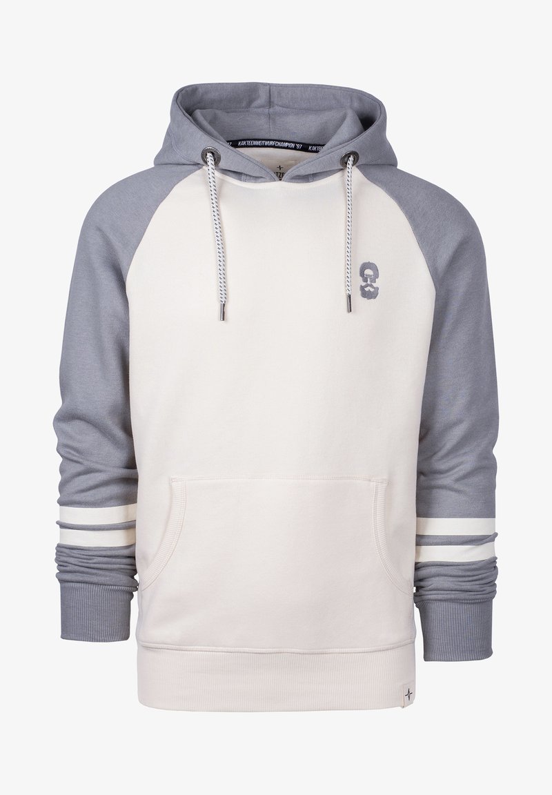 Hoodie mit einer cremefarbenen Vorderseite und grauen Raglanärmeln, ausgestattet mit einer Fronttasche und gestreiften Akzenten an den Bündchen. Mit Kordelzug-Kapuze.