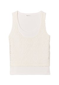 Débardeur blanc avec une superposition en dentelle texturée ornée de motifs floraux. Encolure dégagée et couche de base unie. Tissu doux avec des détails délicats.