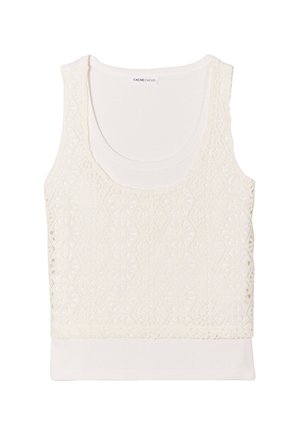 Débardeur blanc avec une superposition en dentelle texturée ornée de motifs floraux. Encolure dégagée et couche de base unie. Tissu doux avec des détails délicats.
