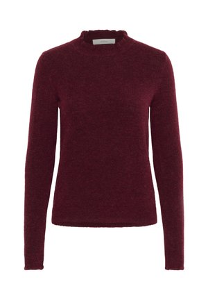 Maglione bordeaux con maniche lunghe, un col a coste e una maglia testurizzata. Presenta un bordo scalloppato attorno al colletto.