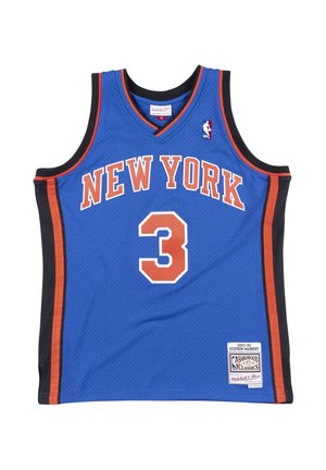 Maillot de basket-ball bleu des New York Knicks avec le numéro 3, bandes latérales noires et orange, et étiquette Hardwood Classics.