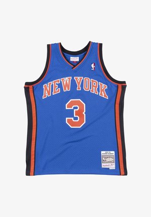 Maillot de basket-ball bleu des New York Knicks avec le numéro 3, bandes latérales noires et orange, et étiquette Hardwood Classics.