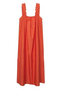 Mouwloze jurk tot de enkels in een levendige oranje stof. Heeft gathered ruffle-details op de schouderbanden en een los, vloeiend silhouet.