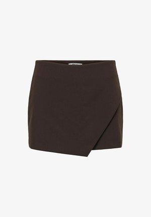 Brown wrap mini skirt made of smooth fabric with a sleek design and an angled hemline. Features a simple waistband and no visible hardware.