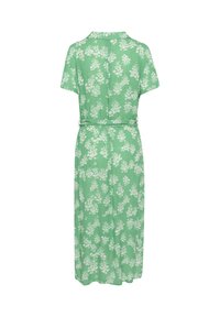 Rochie florală verde cu mâneci scurte, guler și talie cu curea. Este realizată dintr-un material moale, ușor și are un design lung și fluid.