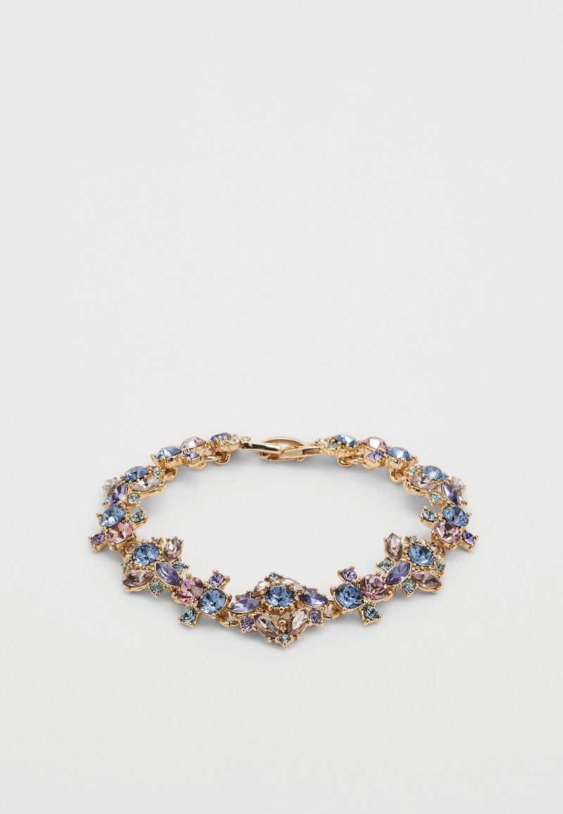 Gold bracelet adorned with purple, blue, and aqua stones in various shapes, featuring a decorative clasp and intricate floral patterns.