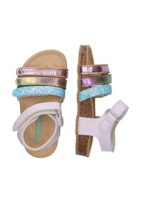 Sandaletter med stropper, der har en lilafarvet bund, metalliske og glimmer detaljer i pink, grøn og blå, med en kork sål og justerbar ankelrem.
