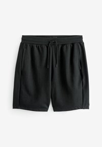 Shorts en coton noir avec une taille à cordon de serrage, poches latérales et une coupe décontractée. Texture douce avec un design décontracté.