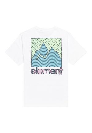 White t-shirt featuring a mountain graphic in blue with wavy lines, inside a green square with black polka dots, and the word "element" in pink.